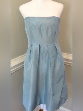 J. Crew Blue Pleated Strapless Silk Dress with Hidden Pockets